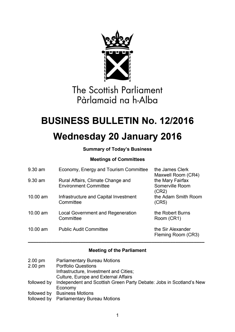 Business Bulletin No. 12/2016, Wednesday 20 January 2016