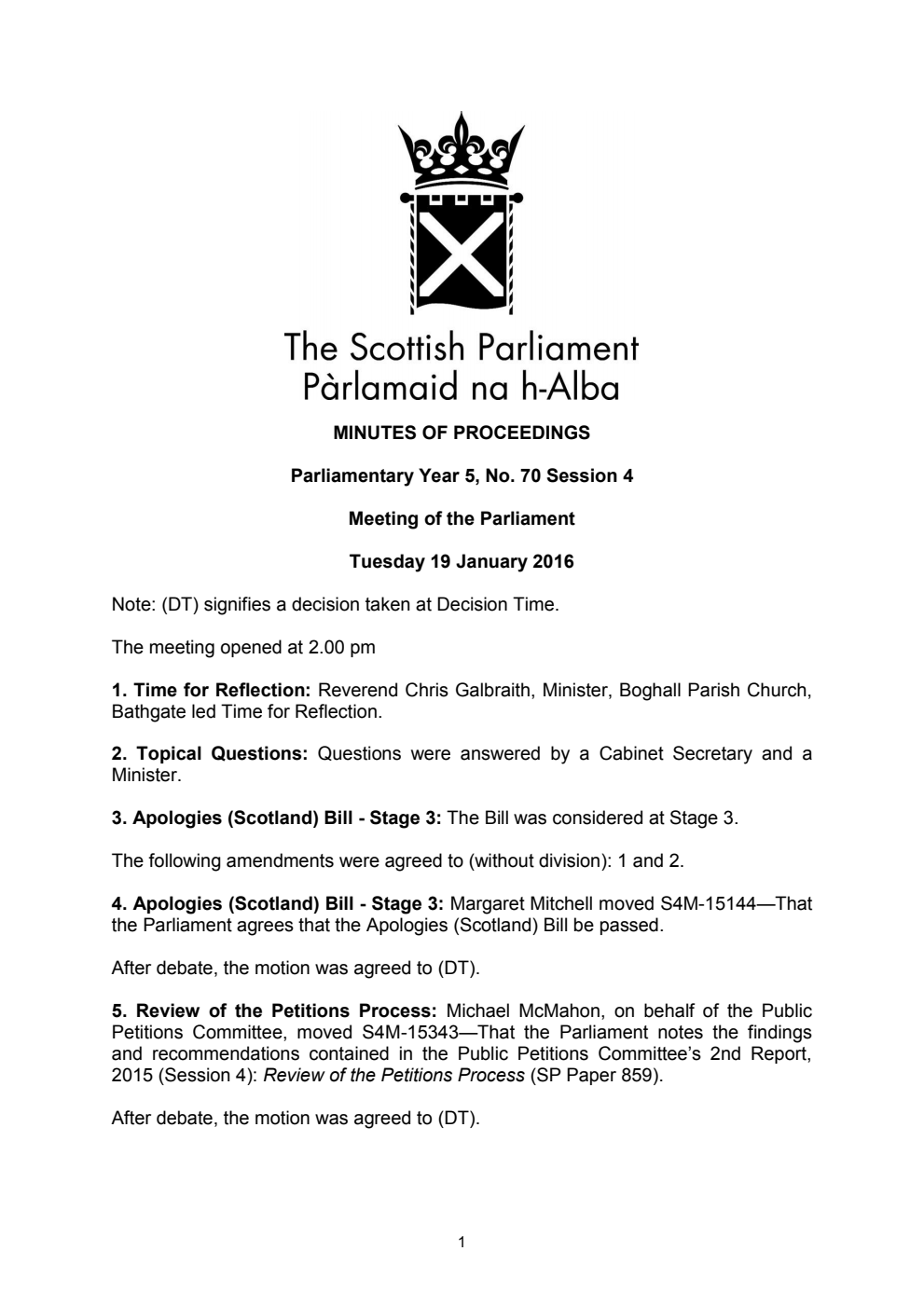 Minutes of Proceedings 19 January 2016 Vol. 5, No. 70 Session 4