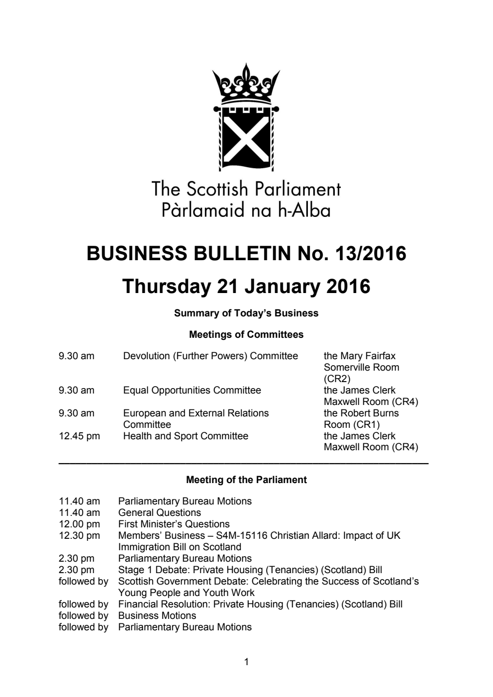 Business Bulletin No. 13/2016, Thursday 21 January 2016