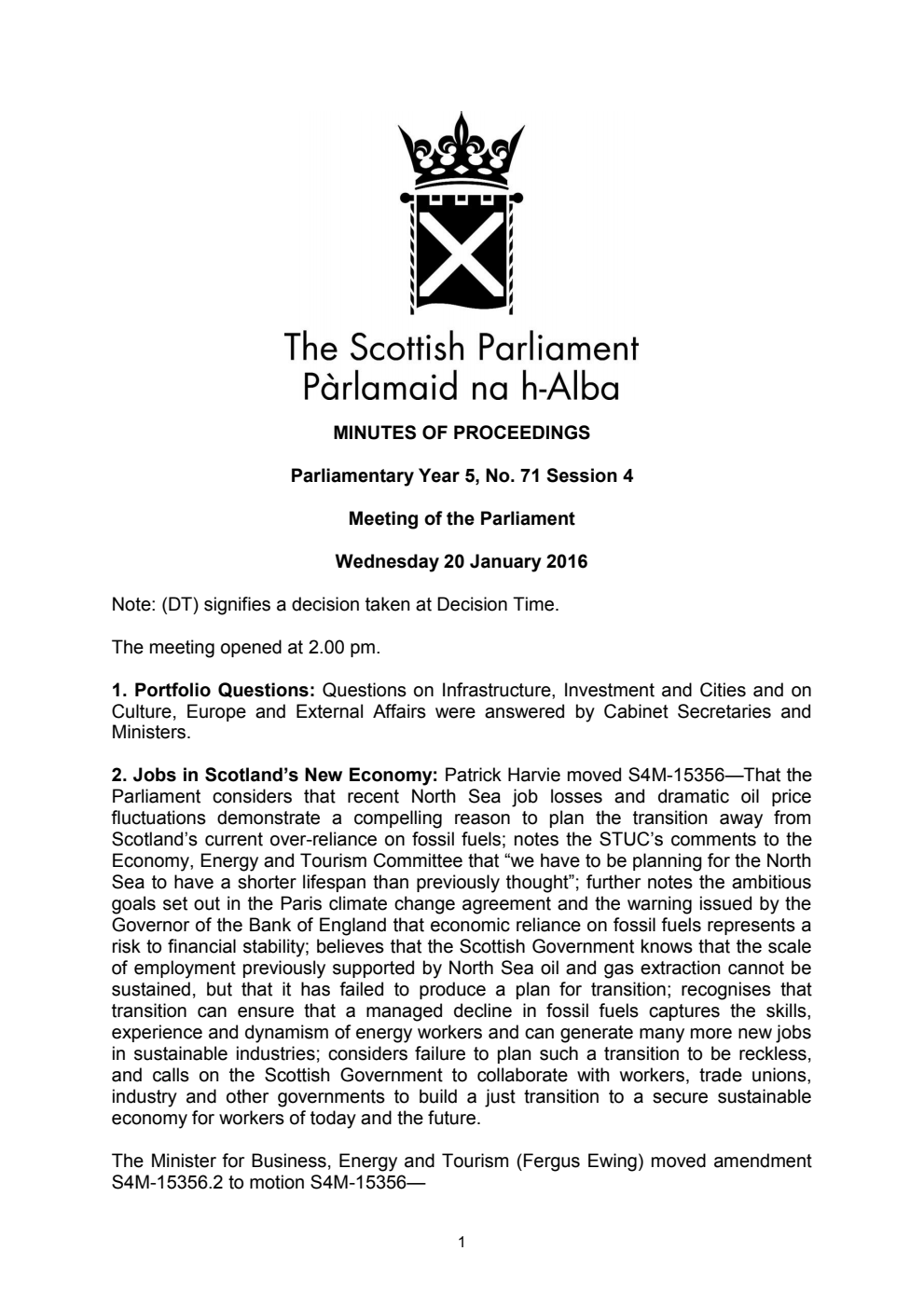 Minutes of Proceedings 20 January 2016 Vol. 5, No. 71 Session 4