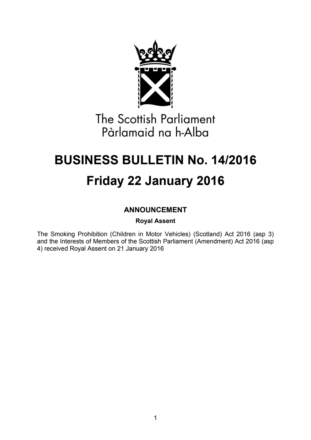 Business Bulletin No. 14/2016, Friday 22 January 2016