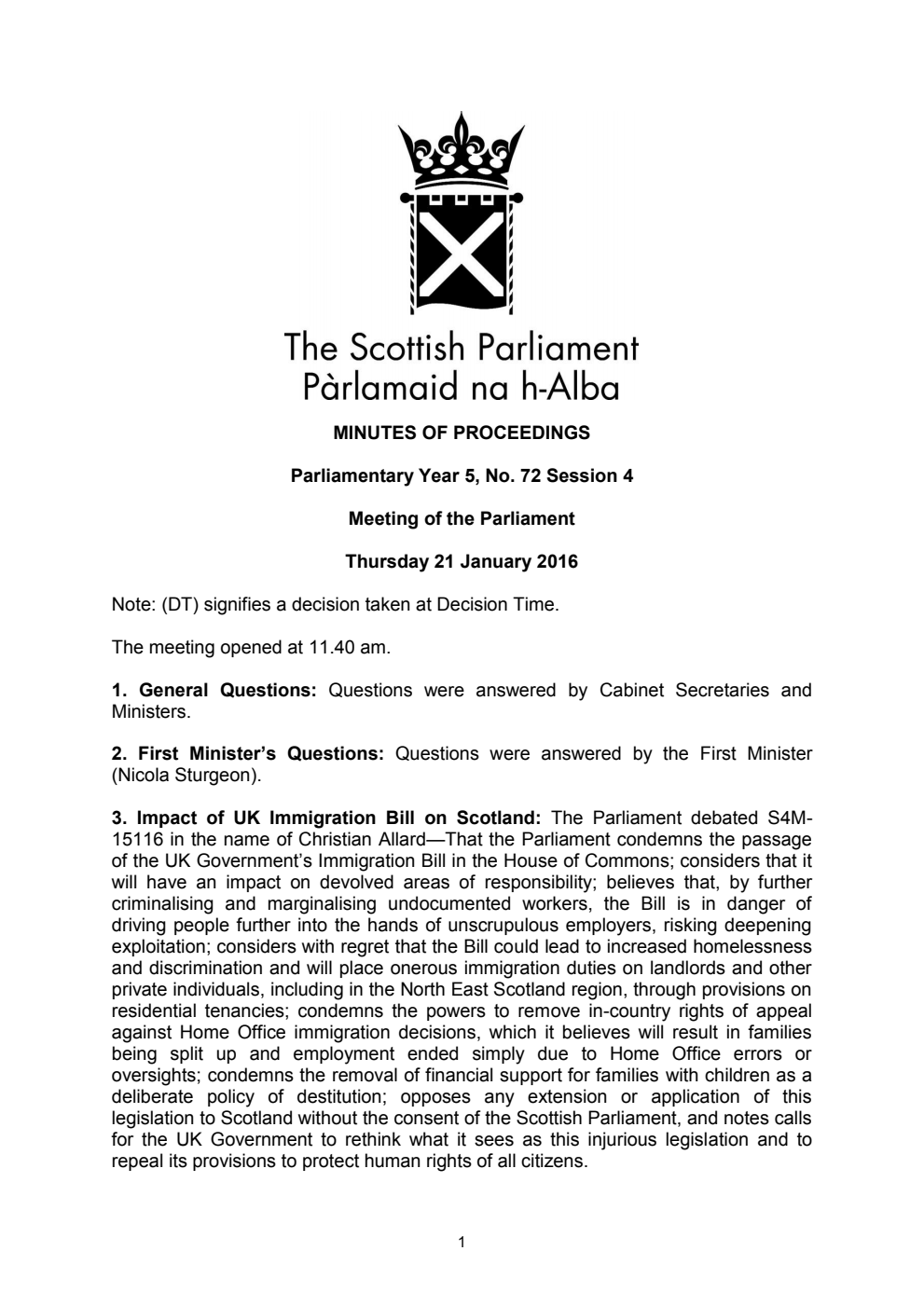 Minutes of Proceedings 21 January 2016 Vol. 5, No. 72 Session 4