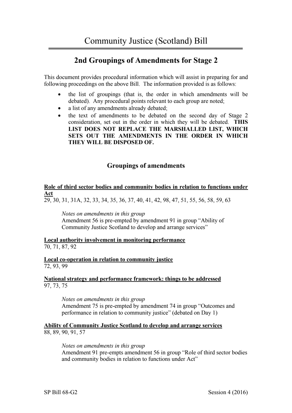 Community Justice (Scotland) Bill 2nd Groupings of Amendments for Stage 2