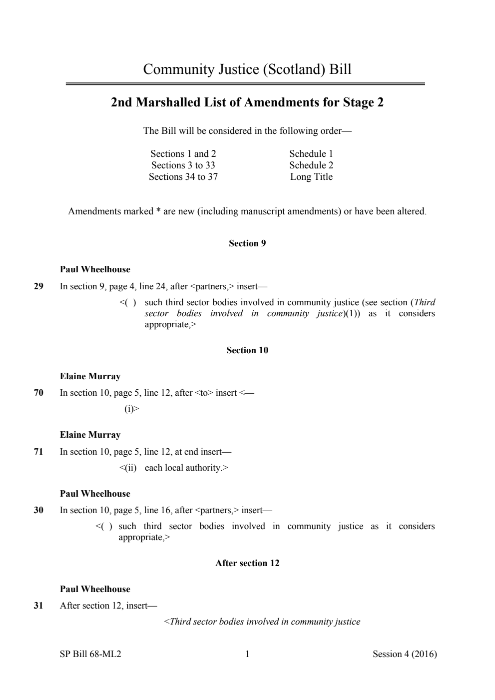 Community Justice (Scotland) Bill 2nd Marshalled List of Amendments for Stage 2