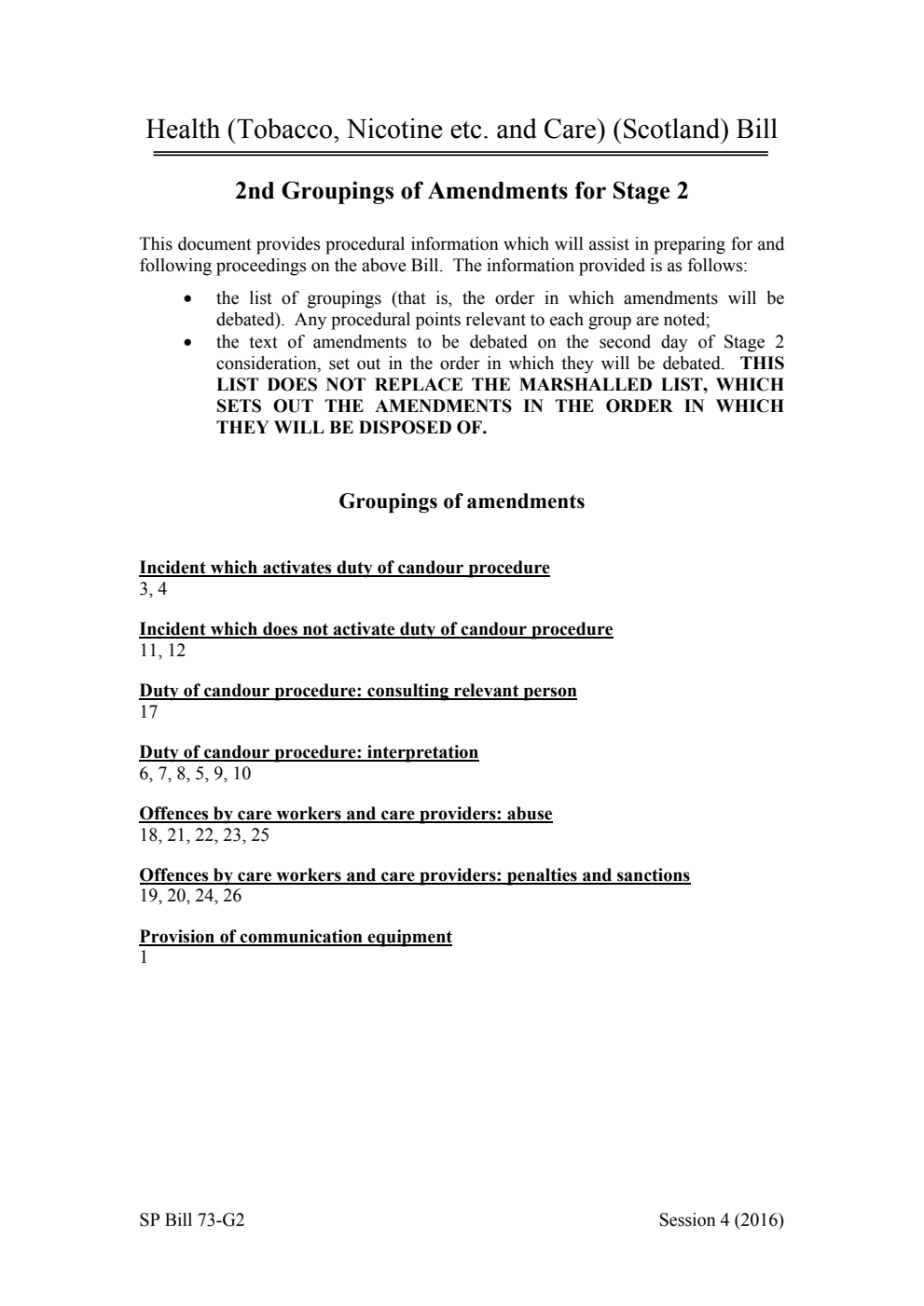 Health (Tobacco, Nicotine etc. and Care) (Scotland) Bill 2nd Groupings of Amendments for Stage 2