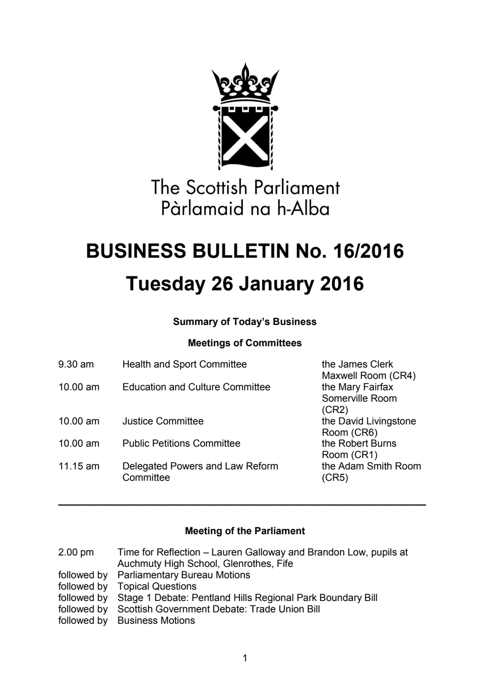 Business Bulletin No. 16/2016, Tuesday 26 January 2016