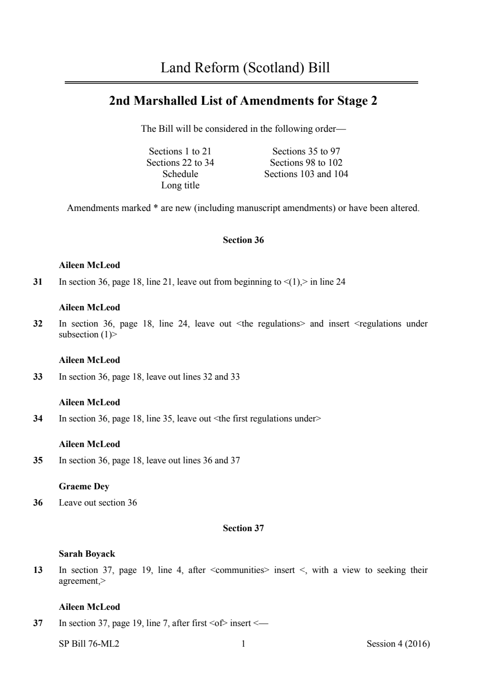 Land Reform (Scotland) Bill 2nd Marshalled List of Amendments for Stage 2