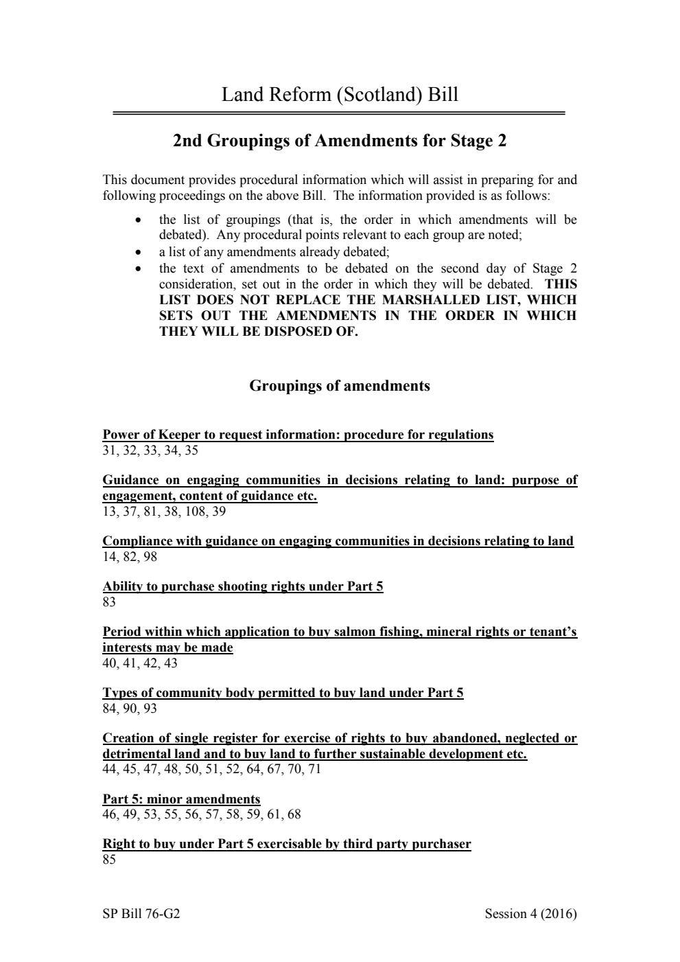 Land Reform (Scotland) Bill 2nd Groupings of Amendments for Stage 2