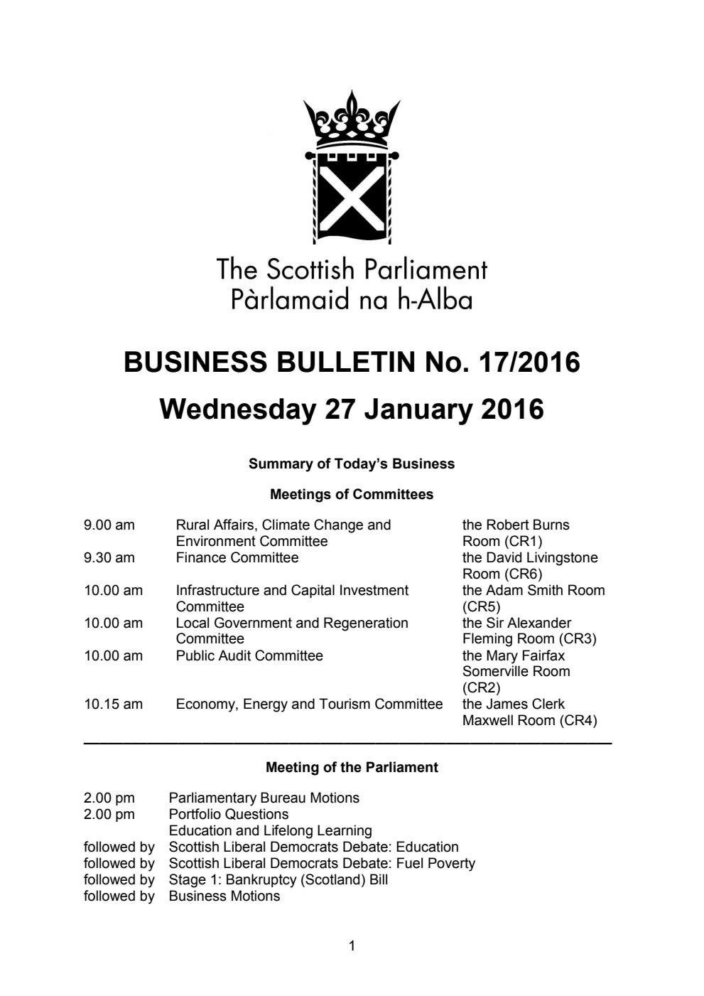 Business Bulletin No. 17/2016, Wednesday 27 January 2016