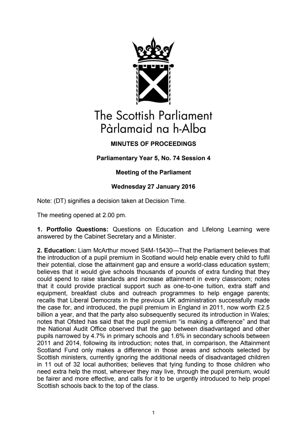 Minutes of Proceedings 27 January 2016 Vol. 5, No. 74 Session 4