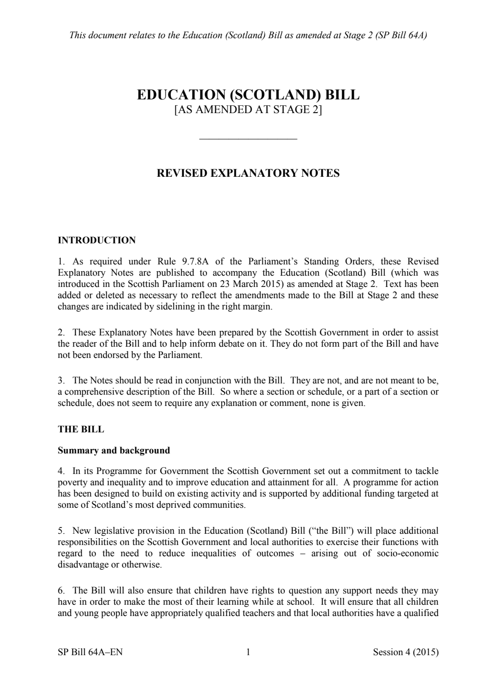 Education (Scotland) Bill [As amended at stage 2] Revised Explanatory Notes