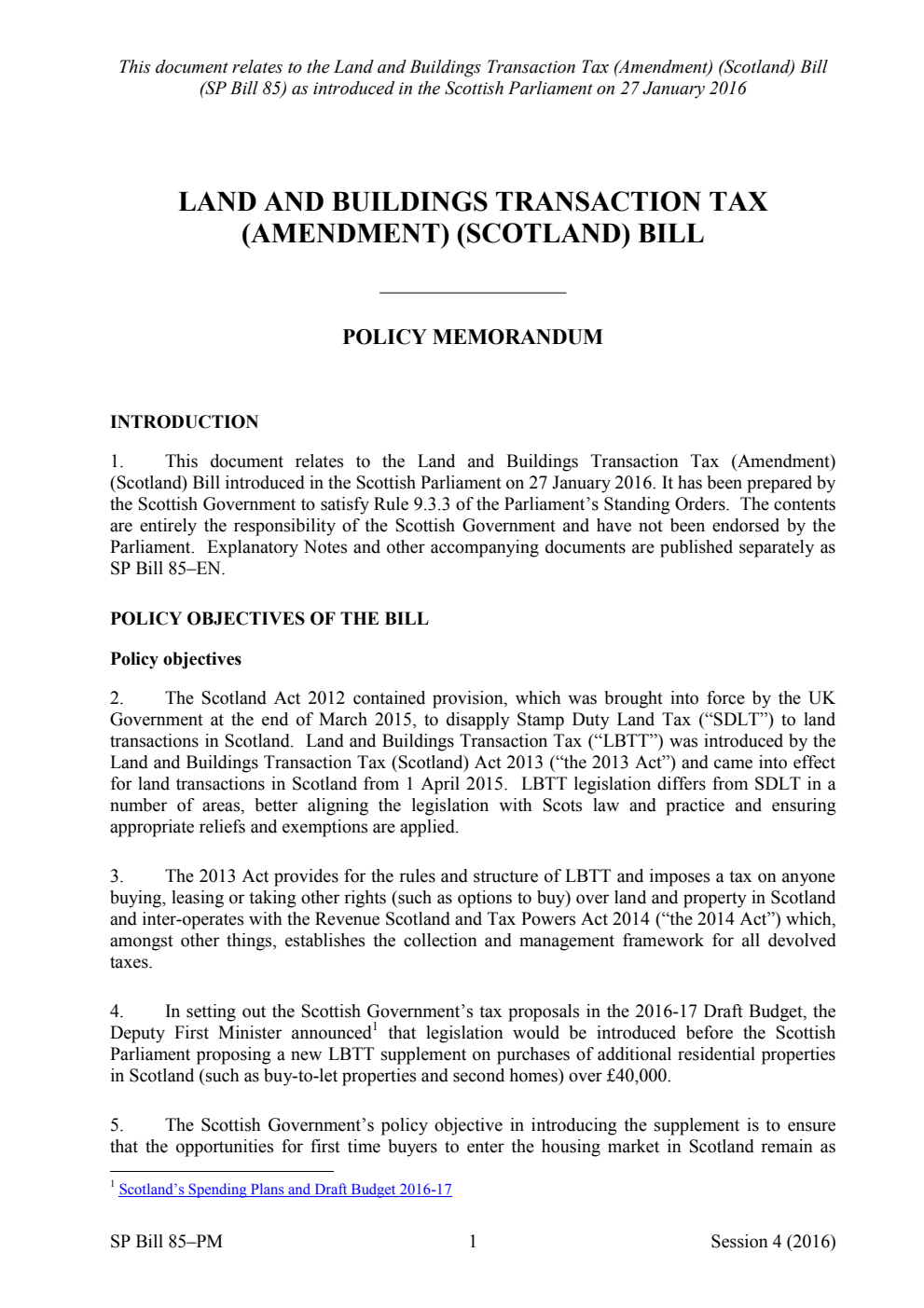 Land and Buildings Transaction Tax (Amendment) (Scotland) Bill Policy Memorandum