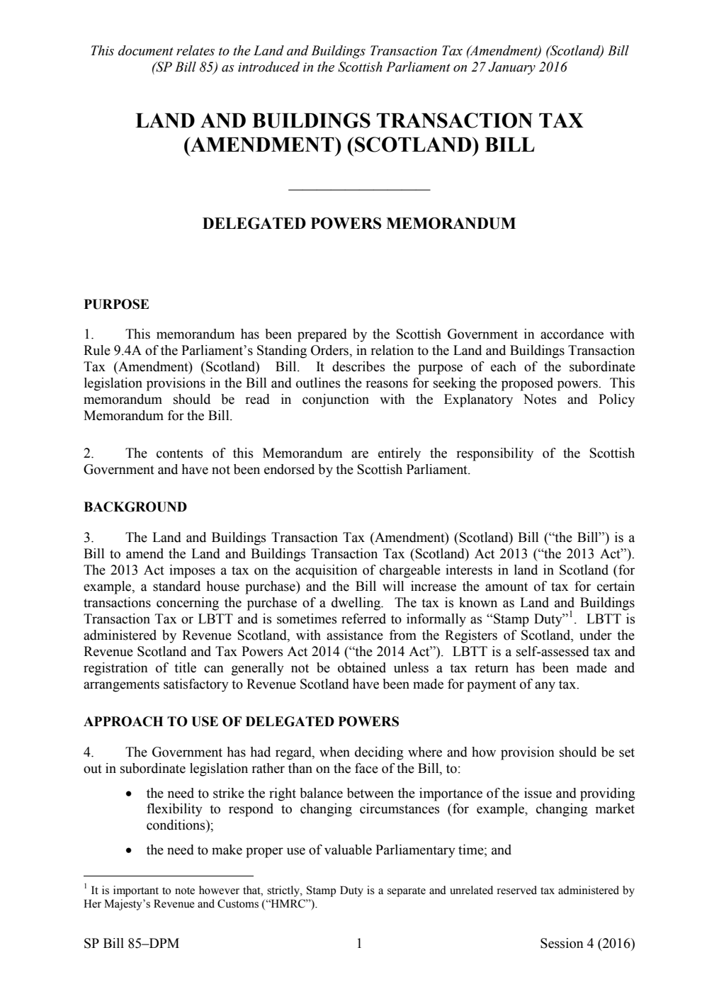 Land and Buildings Transaction Tax (Amendment) (Scotland) Bill Delegated Powers Memorandum