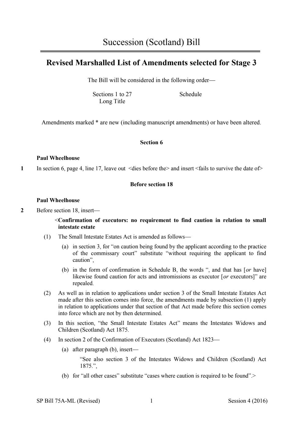 Succession (Scotland) Bill Revised Marshalled List of Amendments selected for Stage 3