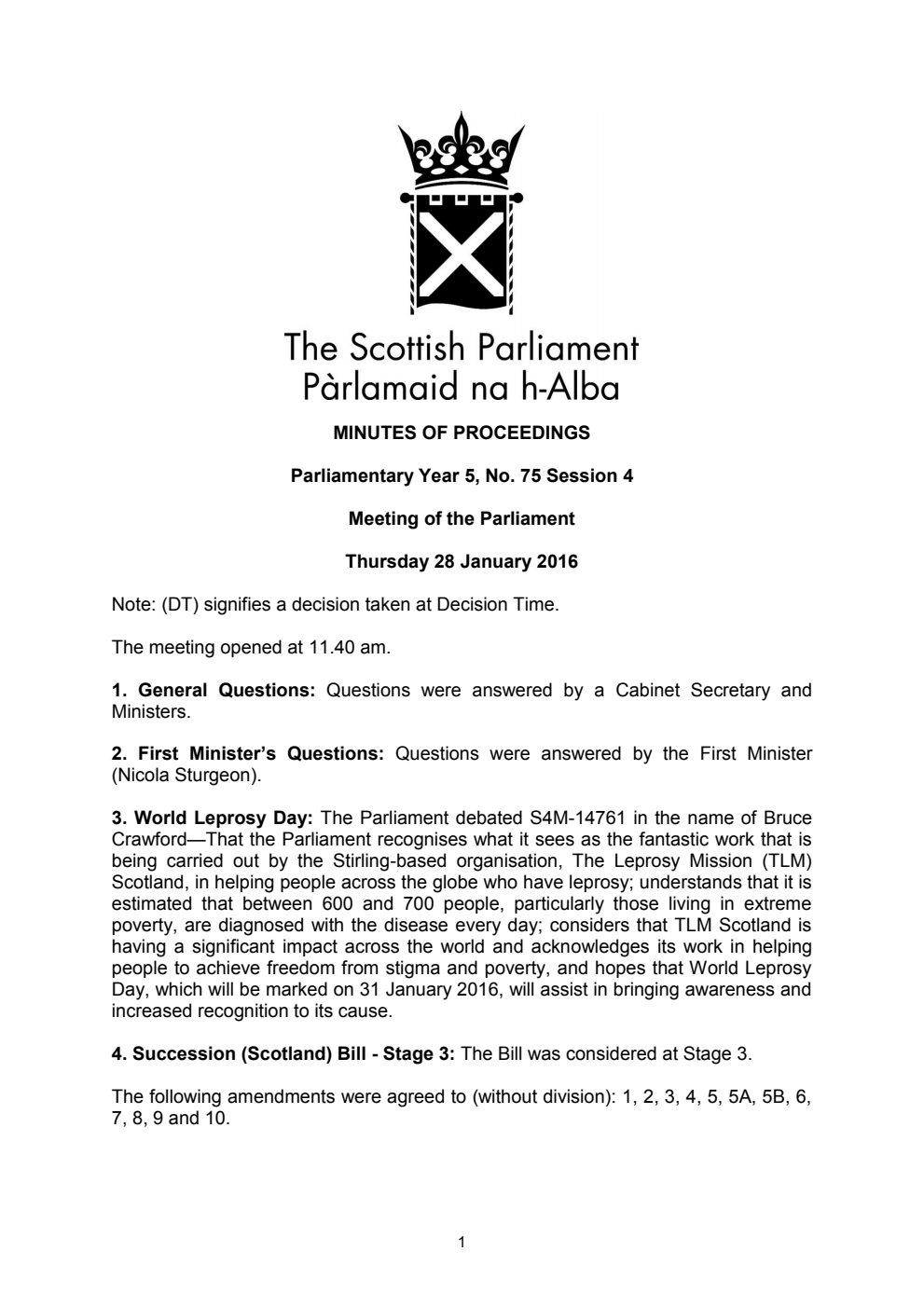 Minutes of Proceedings 28 January 2016 Vol. 5, No. 75 Session 4