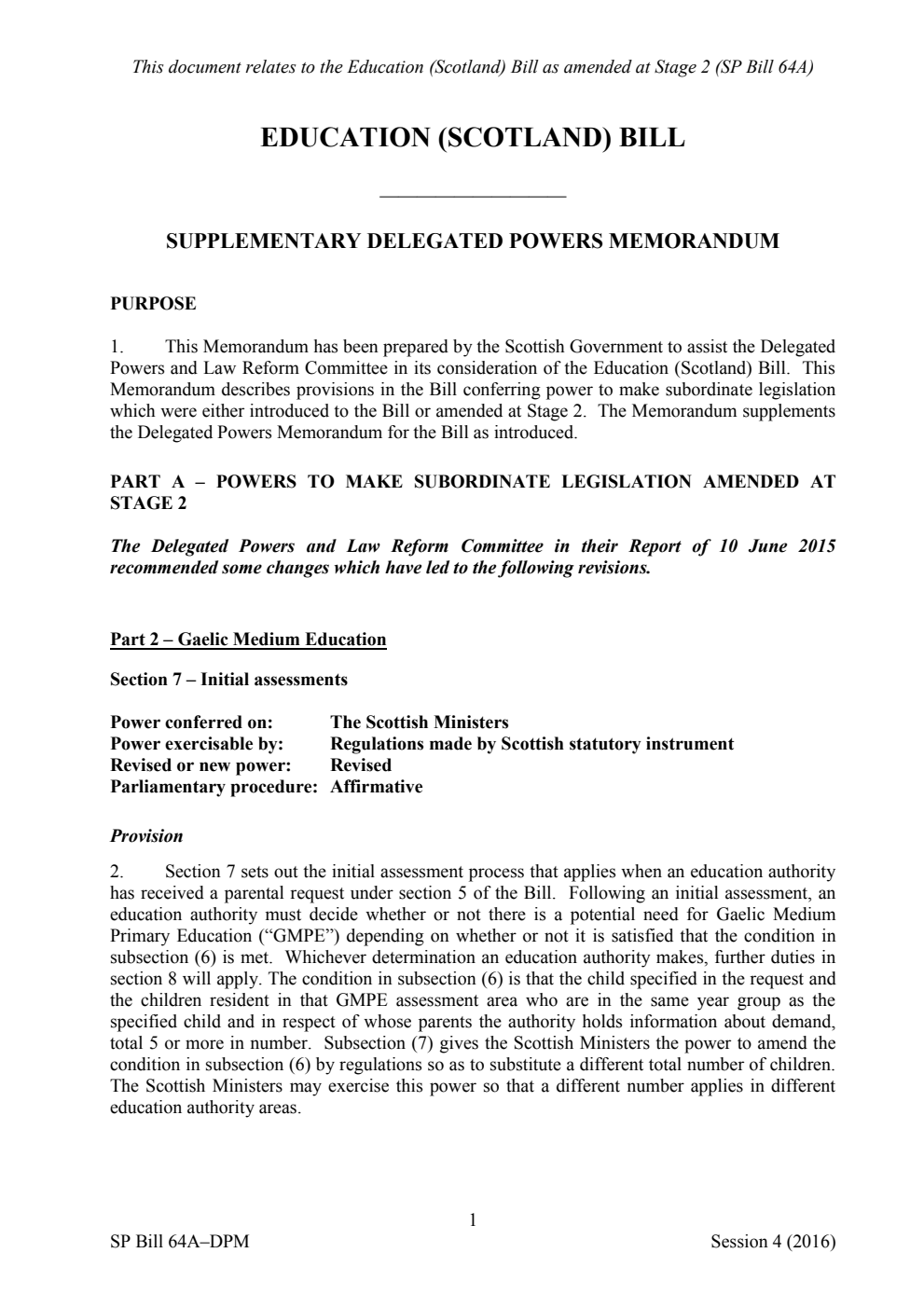 Education (Scotland) Bill Supplementary Delegated Powers Memorandum