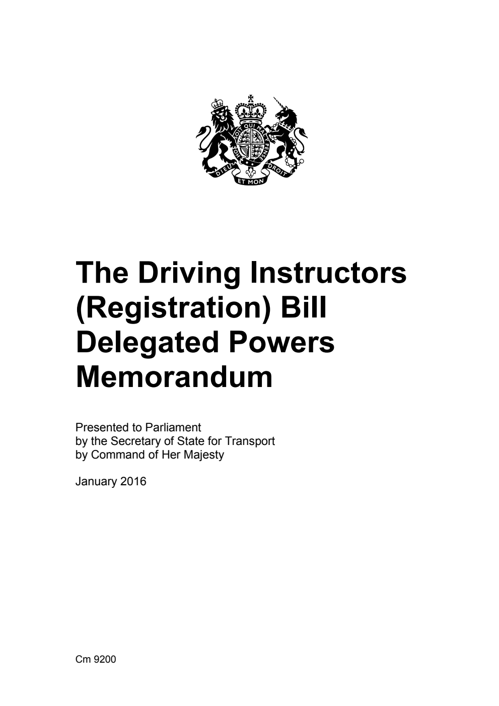 The Driving Instructors (Registration) Bill Delegated Powers Memorandum