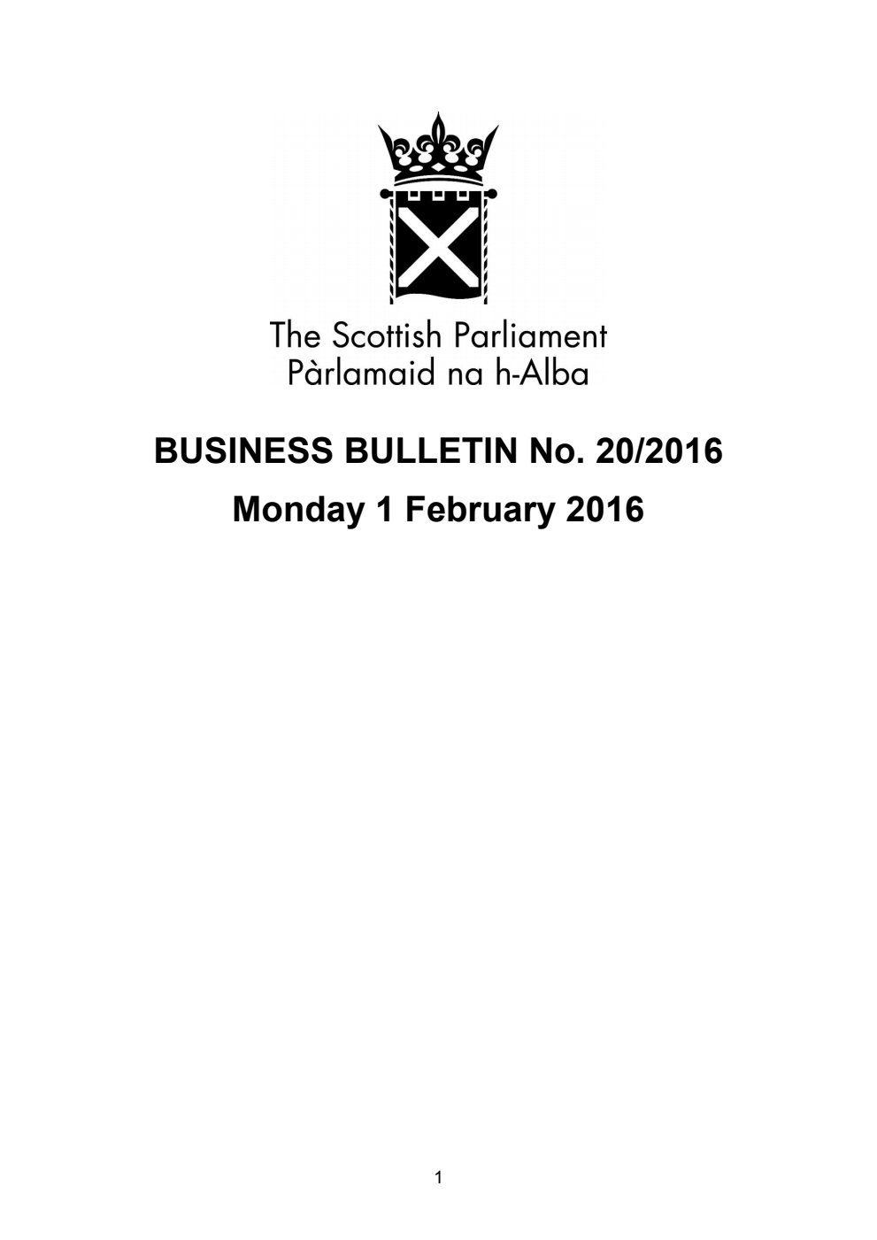 Business Bulletin No. 20/2016, Monday 1st February 2016