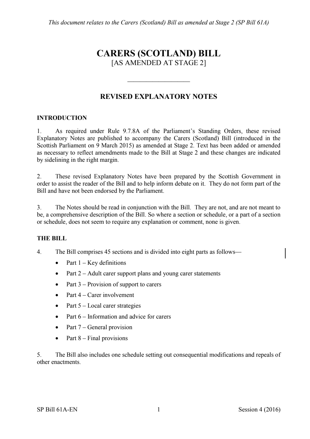 Carers (Scotland) Bill [As amended at stage 2] Revised Explanatory Notes