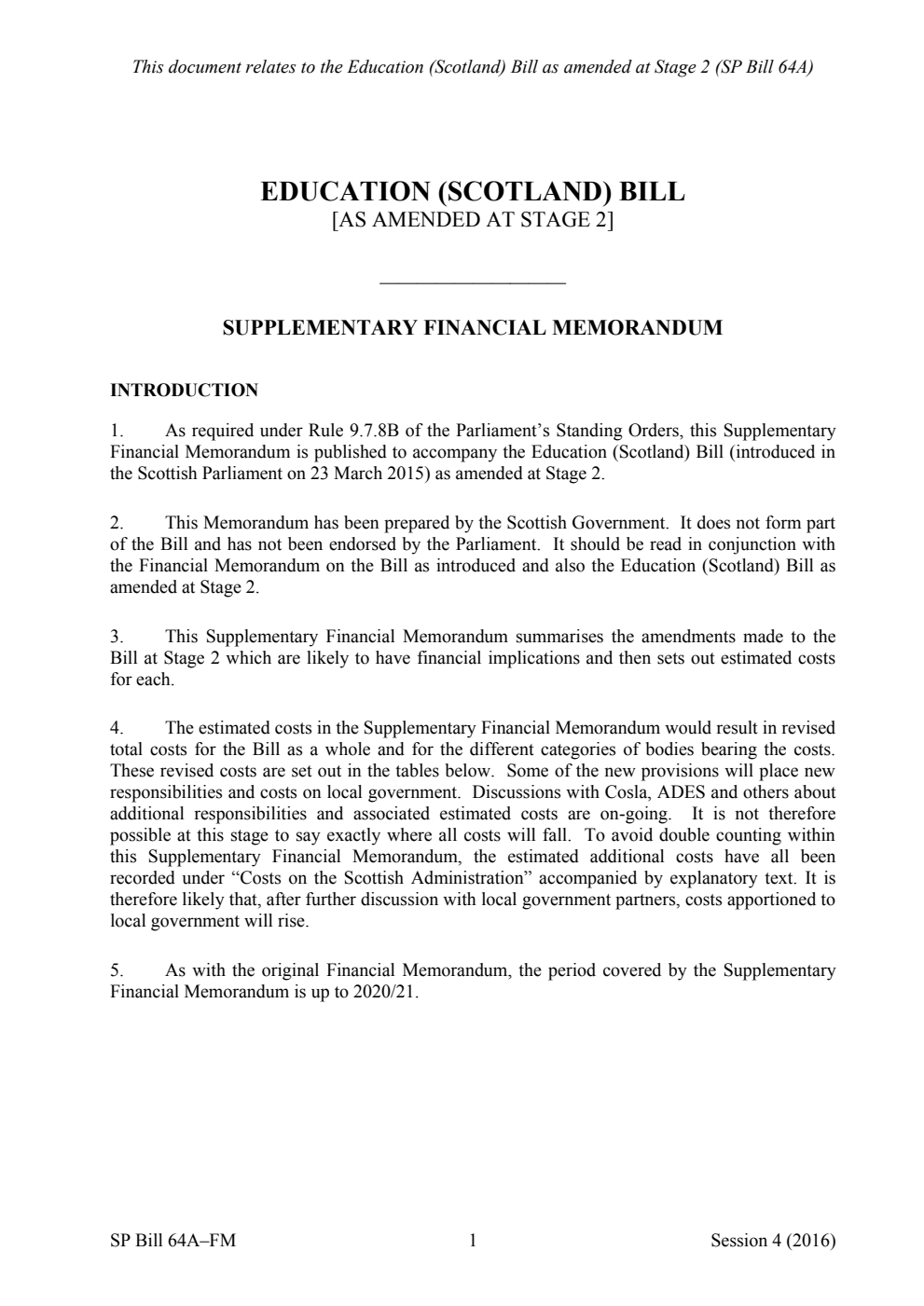 Education (Scotland) Bill Supplementary Financial Memorandum