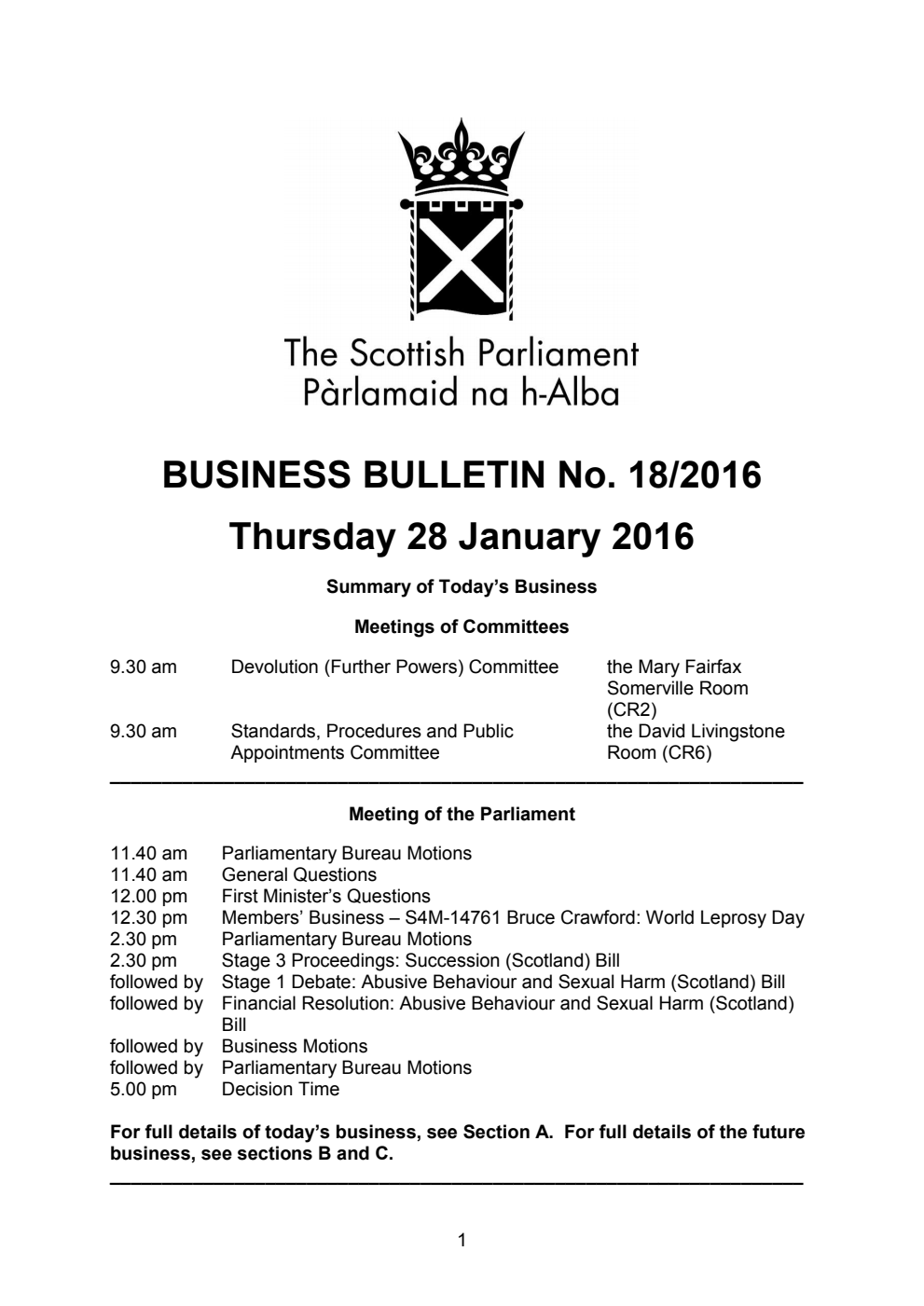 Business Bulletin No. 18/2016, Thursday 28 January 2016, Revised