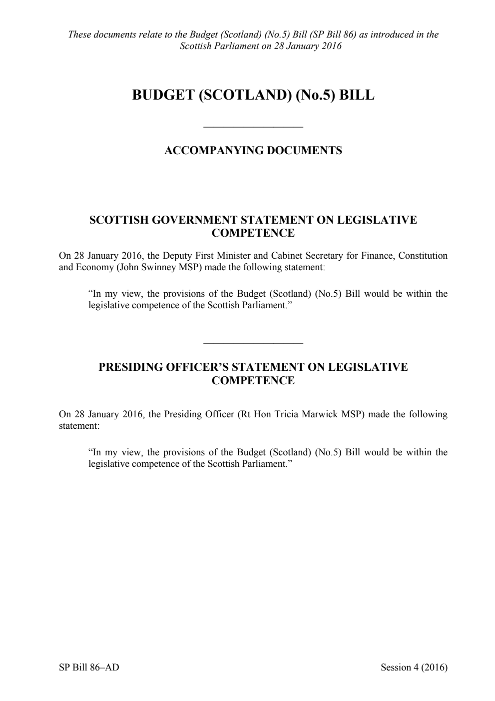 Budget (Scotland) (No.5) Bill Accompanying Documents