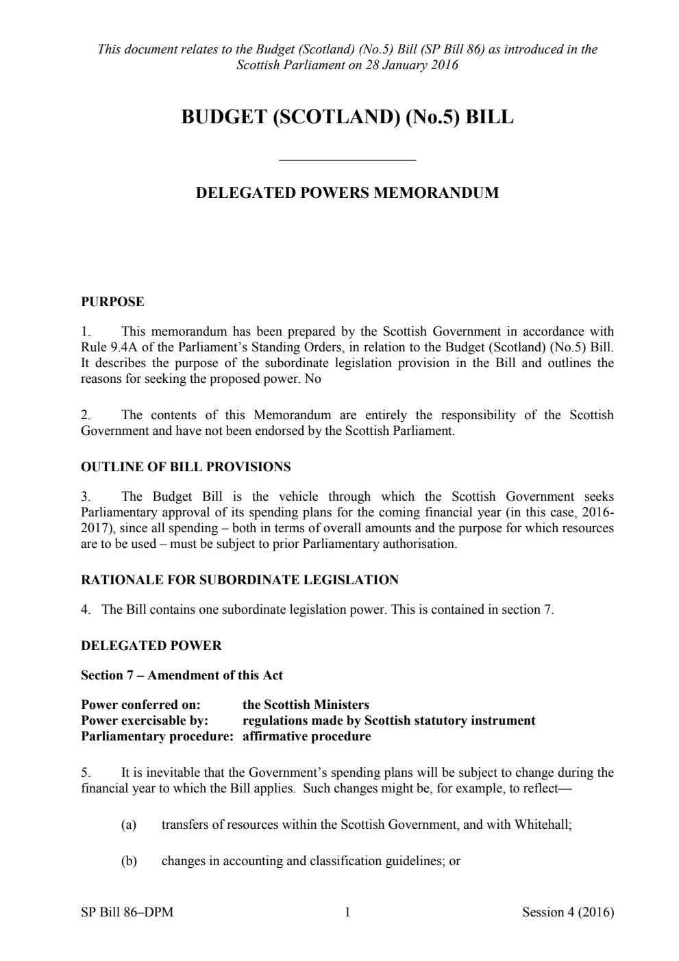 Budget (Scotland) (No.5) Bill Delegated Powers Memorandum