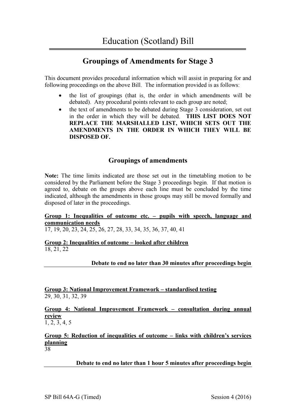 Education (Scotland) Bill Groupings of Amendments for Stage 3