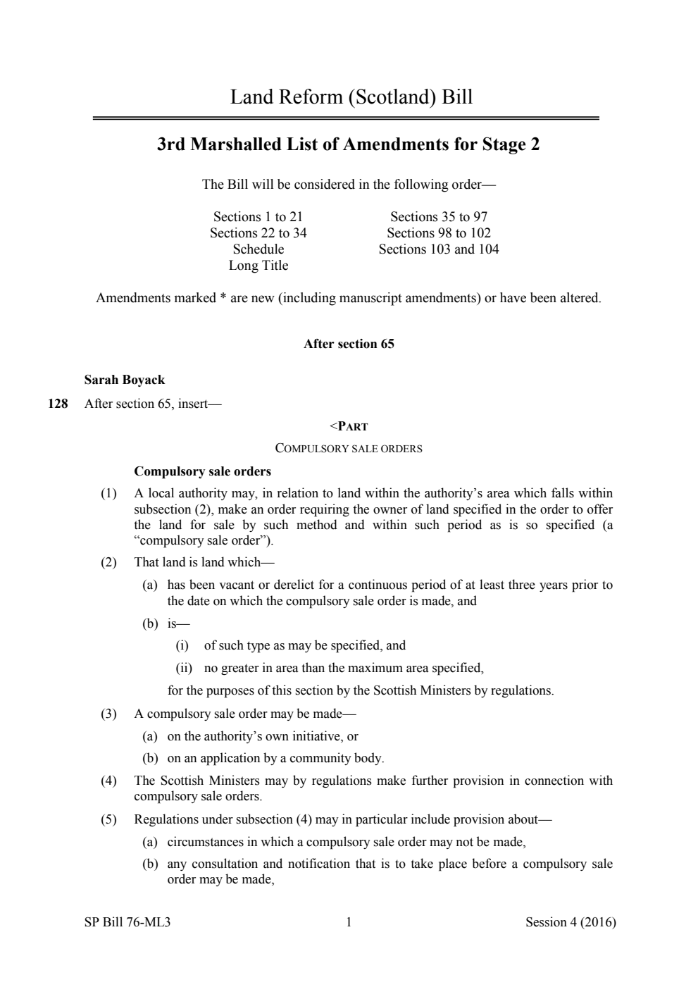 Land Reform (Scotland) Bill 3rd Marshalled List of Amendments for Stage 2