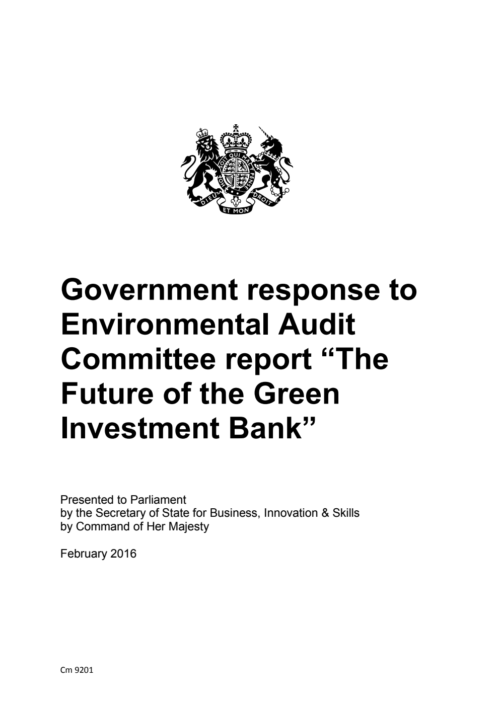Government response to Environmental Audit Committee report “The Future of the Green Investment Bank”