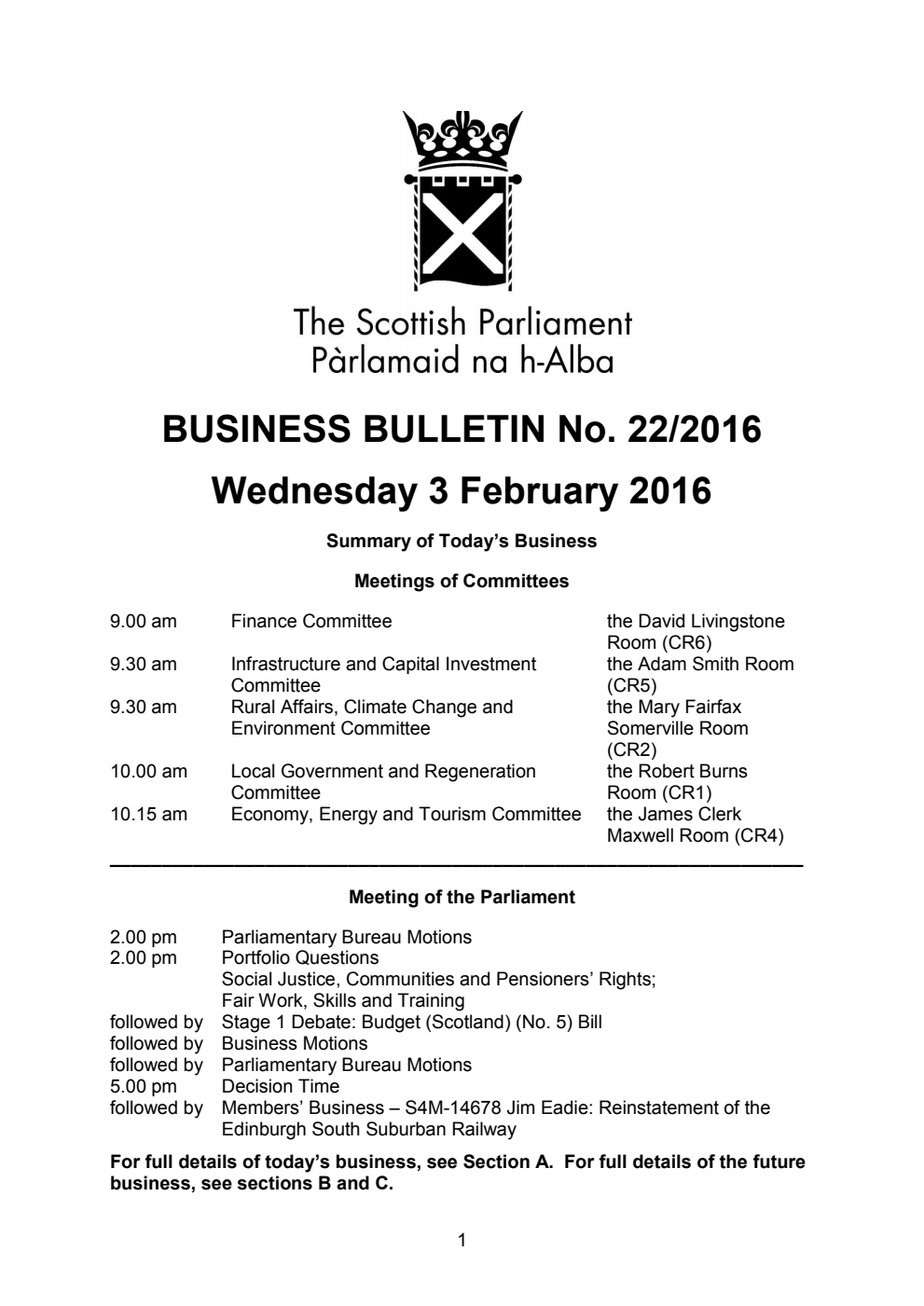 Business Bulletin No. 22/2016, Wednesday 3rd February 2016