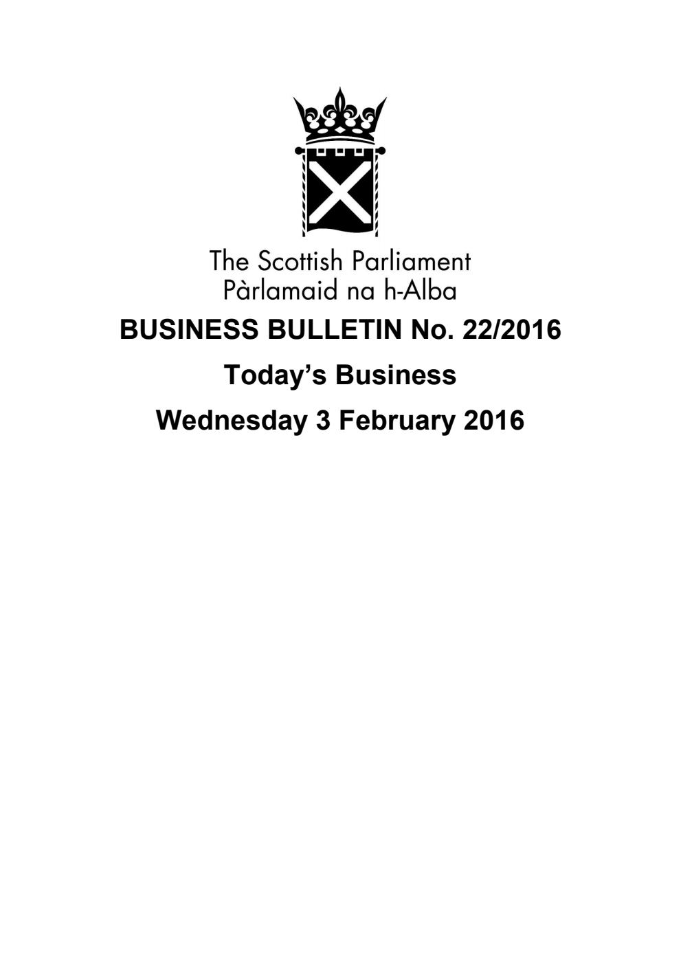 Business Bulletin No. 22/2016, Wednesday 3rd February 2016, Revised (Section A)