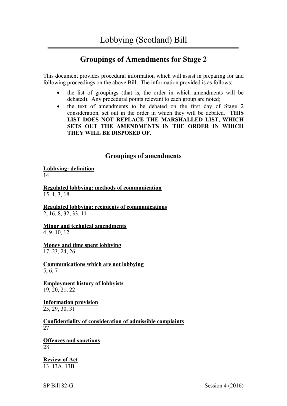 Lobbying (Scotland) Bill Groupings of Amendments for Stage 2