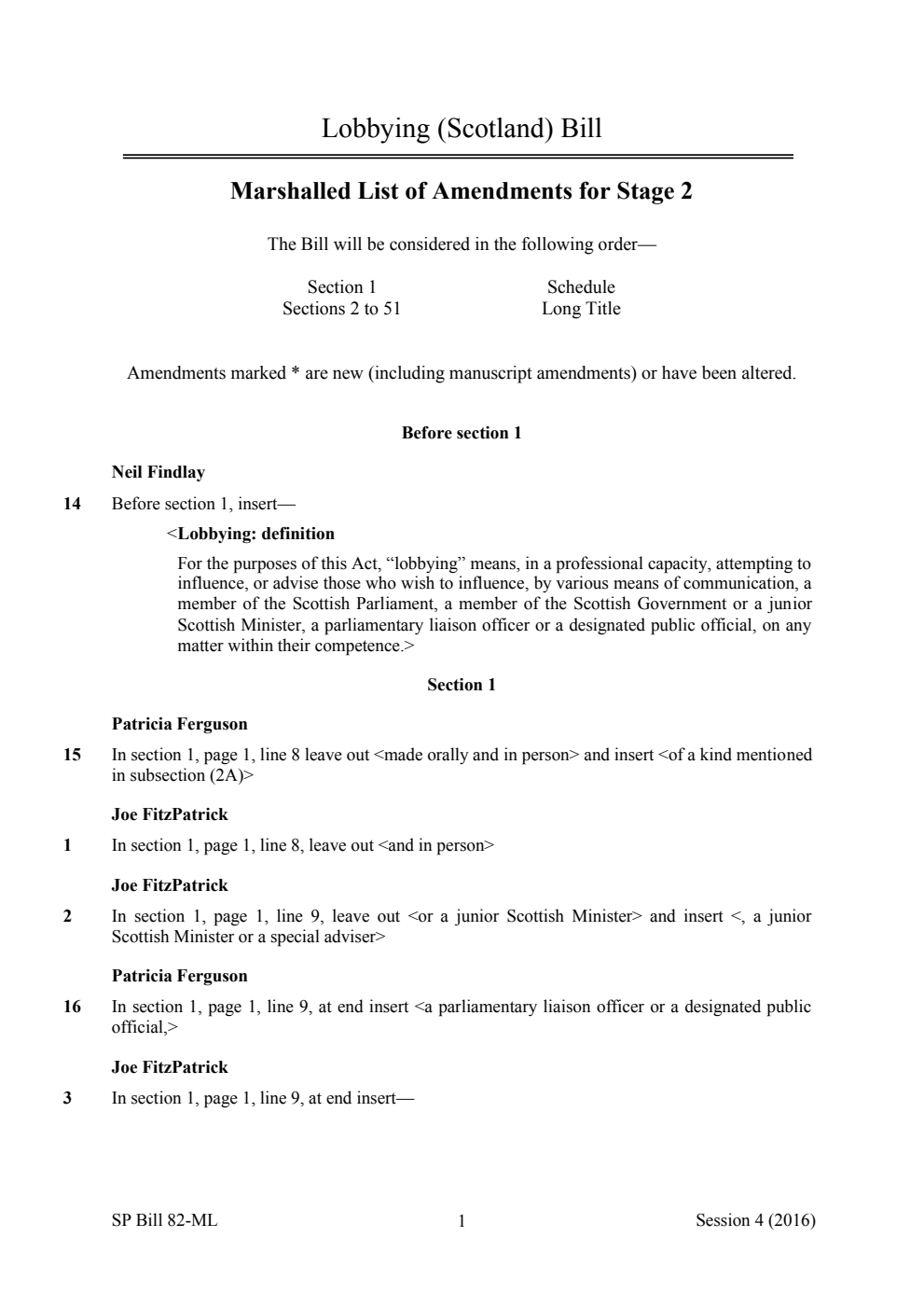 Lobbying (Scotland) Bill Marshalled List of Amendments for Stage 2