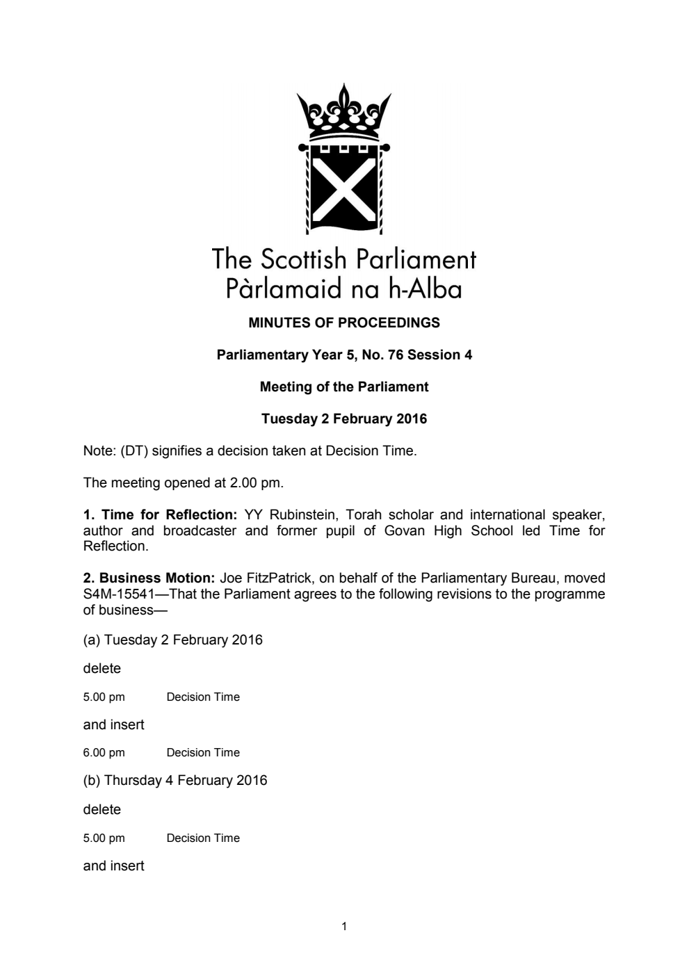 Minutes of Proceedings 2 February 2016 Vol. 5, No. 76 Session 4