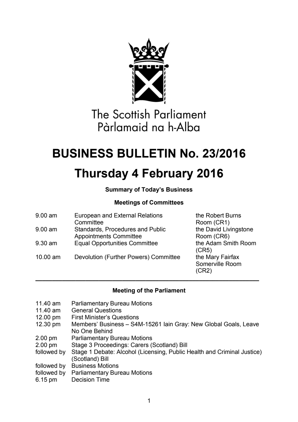 Business Bulletin No. 23/2016, Thursday 4th February 2016