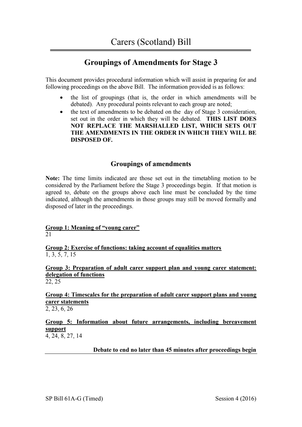 Carers (Scotland) Bill Groupings of Amendments for Stage 3