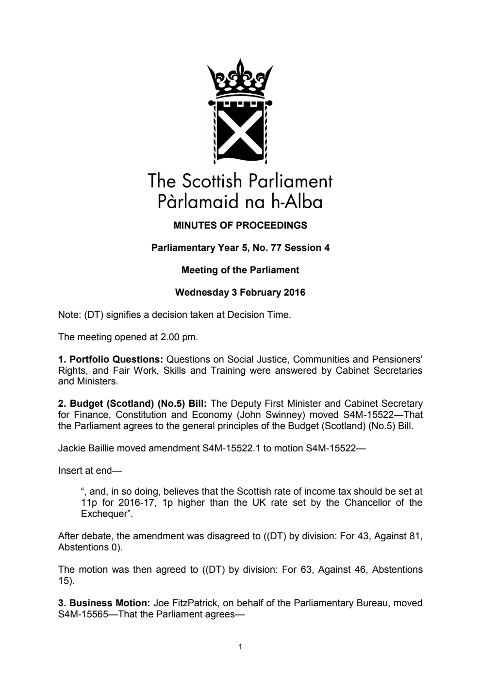 Minutes of Proceedings 3 February 2016 Vol. 5, No. 77 Session 4