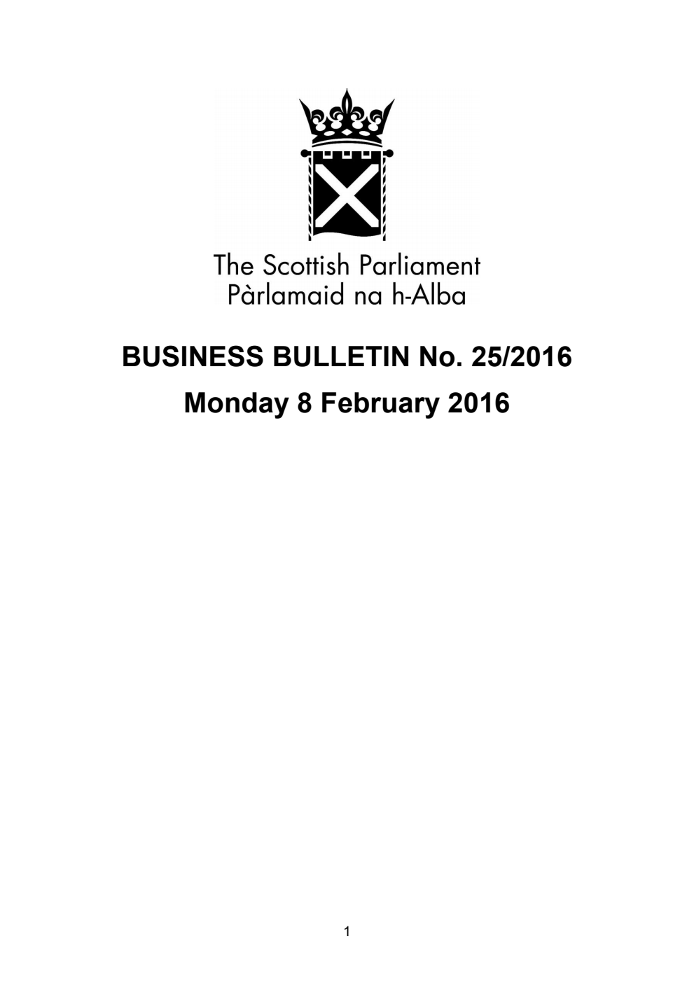 Business Bulletin No. 25/2016, Monday 8th February 2016