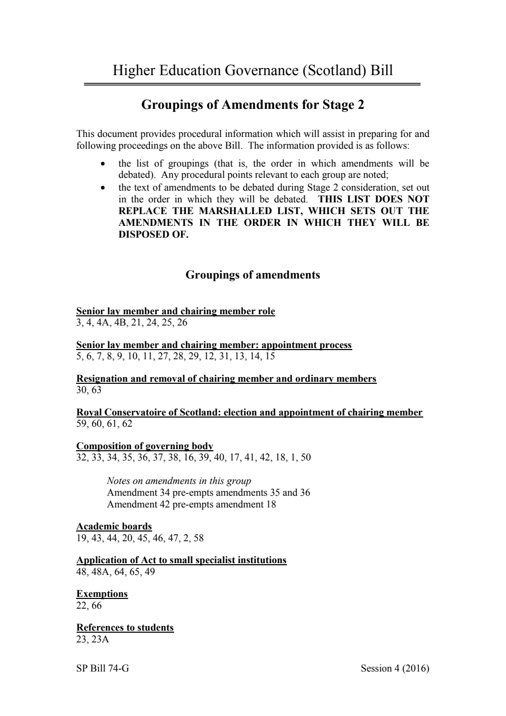 Higher Education Governance (Scotland) Bill Groupings of Amendments for Stage 2