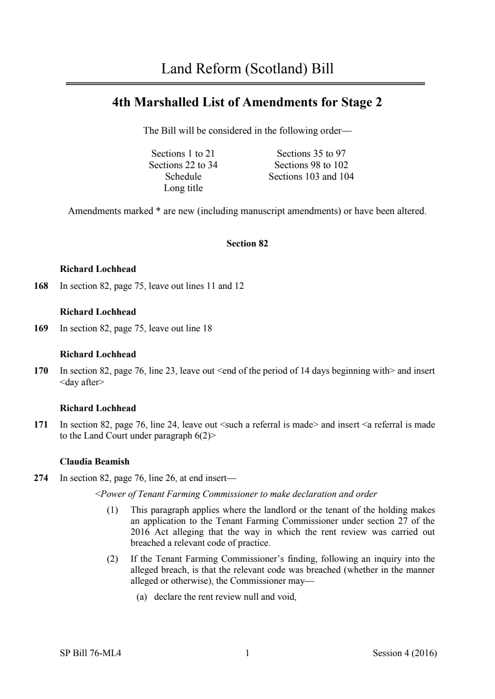 Land Reform (Scotland) Bill 4th Marshalled List of Amendments for Stage 2