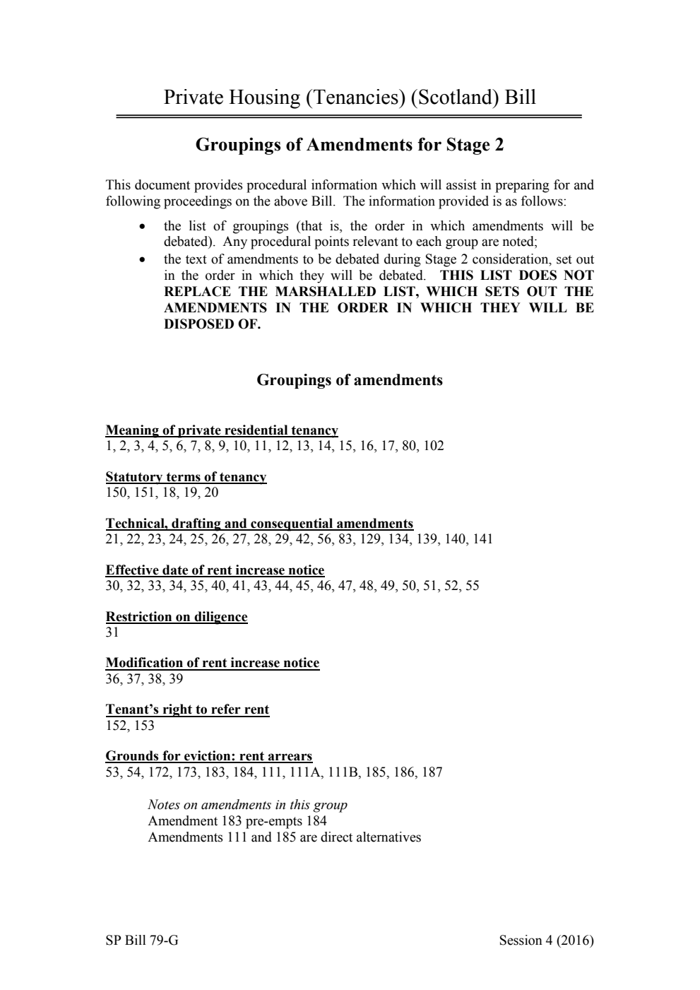 Private Housing (Tenancies) (Scotland) Bill Groupings of Amendments for Stage 2