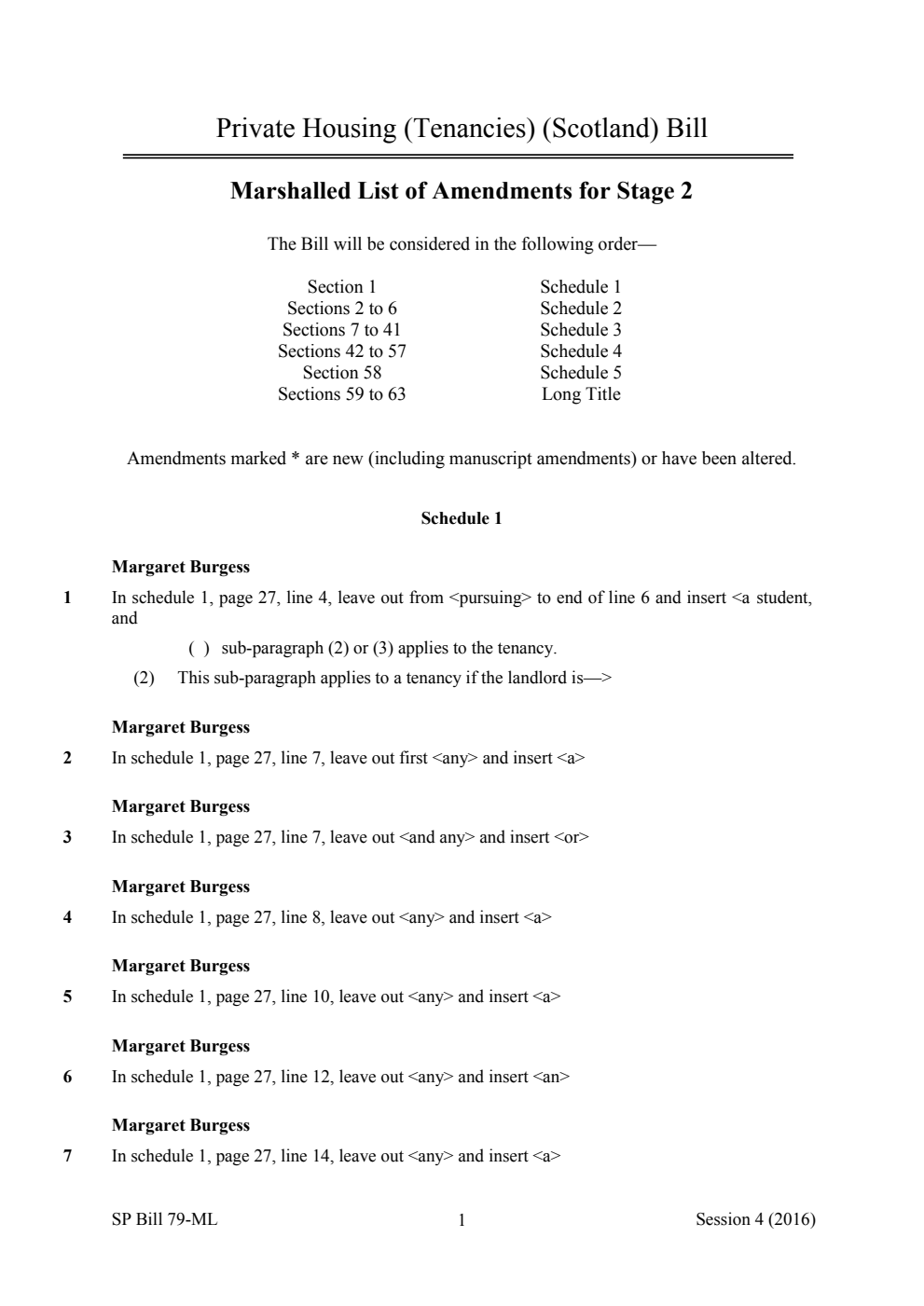 Private Housing (Tenancies) (Scotland) Bill Marshalled List of Amendments for Stage 2
