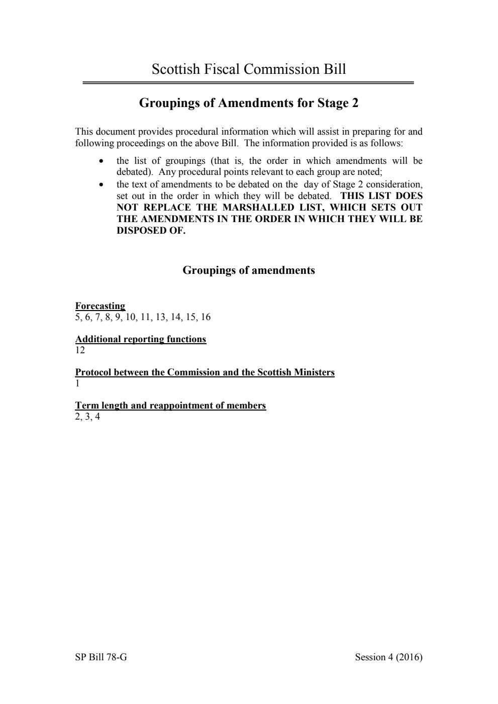 Scottish Fiscal Commission Bill Groupings of Amendments for Stage 2