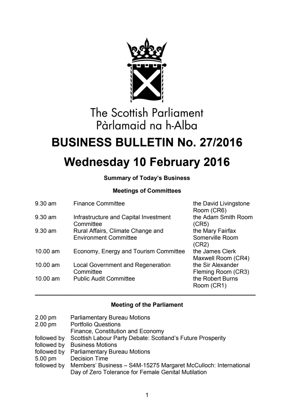 Business Bulletin No. 27/2016, Wednesday 10th February 2016