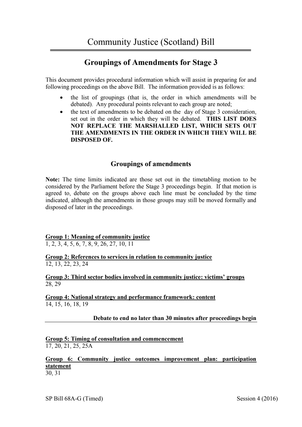 Community Justice (Scotland) Bill Groupings of Amendments for Stage 3