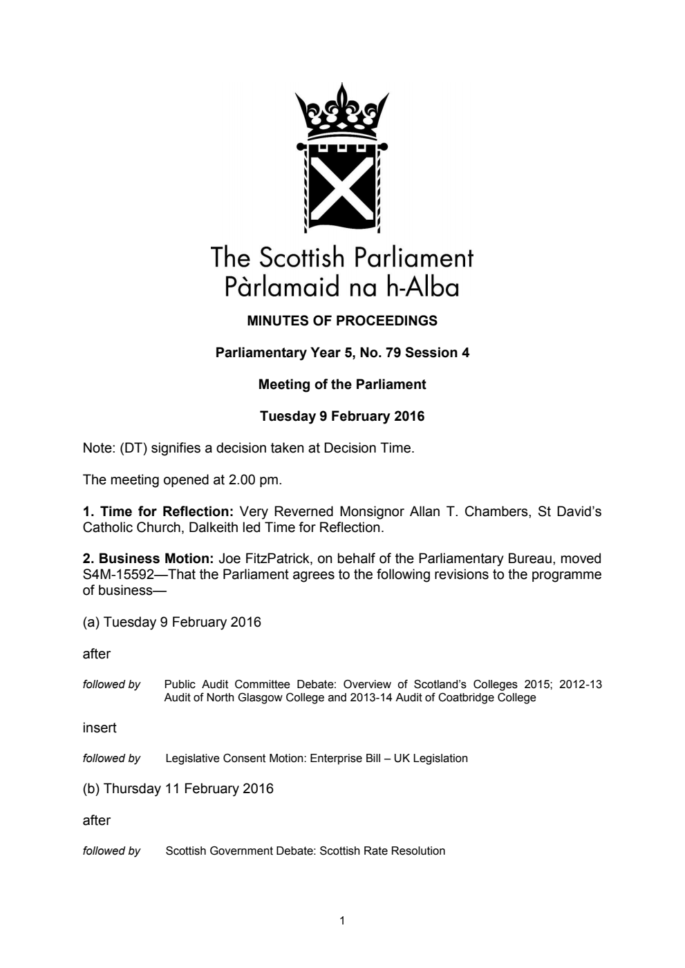 Minutes of Proceedings 9 February 2016 Vol. 5, No. 79 Session 4