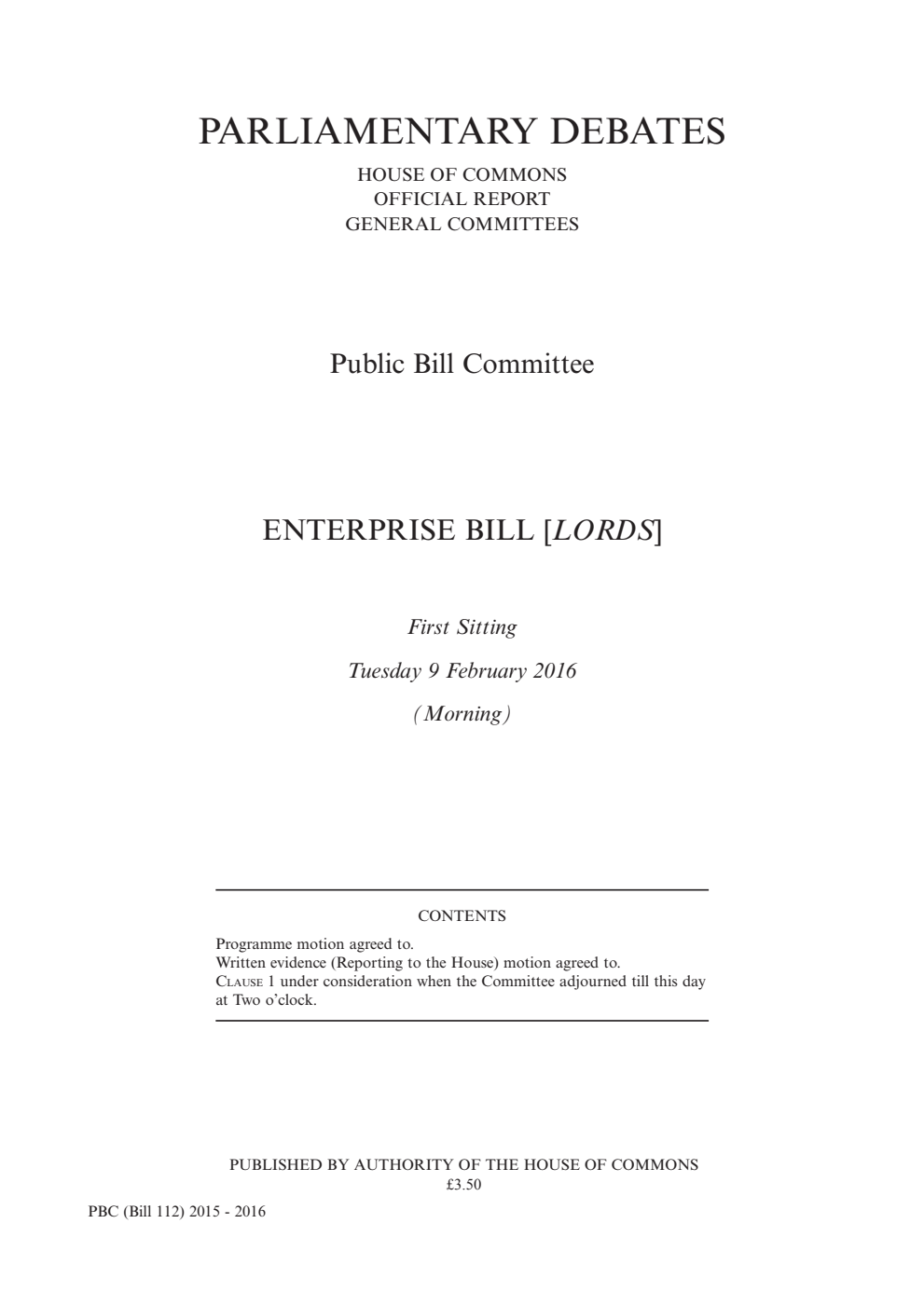 Enterprise Public Bill Committee 1st Sitting 9th February 2016 AM