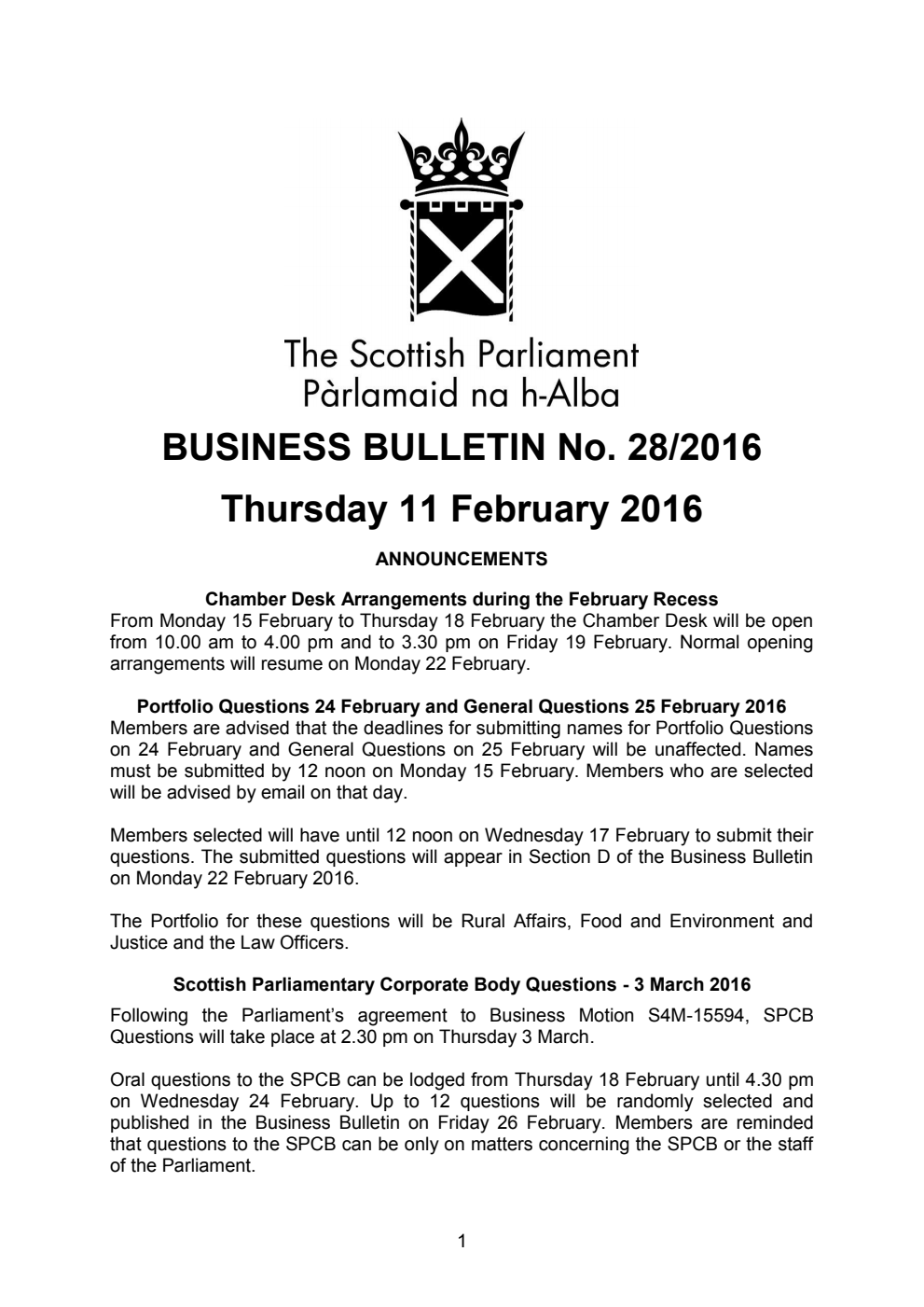 Business Bulletin No. 28/2016, Thursday 11th February 2016