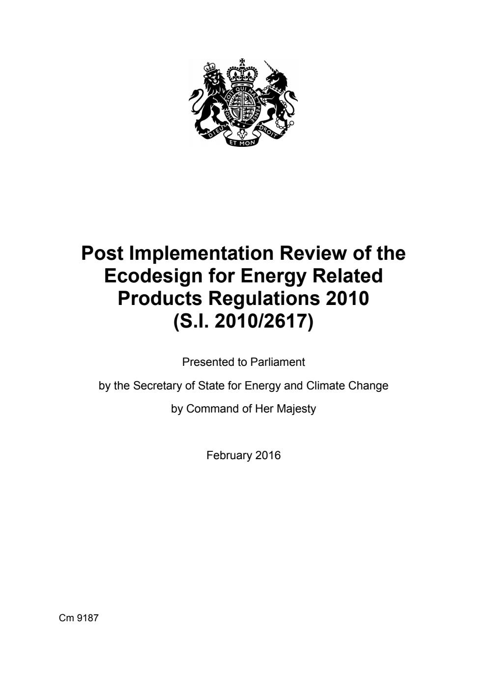 Post Implementation Review of the Ecodesign for Energy Related Products Regulations 2010 (S.I. 2010/2617)